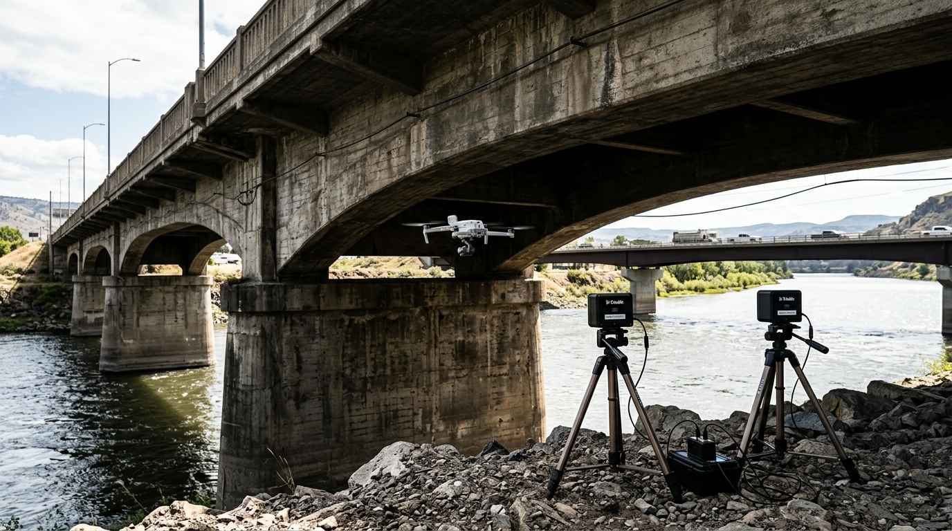 Drone en inspection sous un pont guidé par des balises au sol : le pilotage drones sans GPS