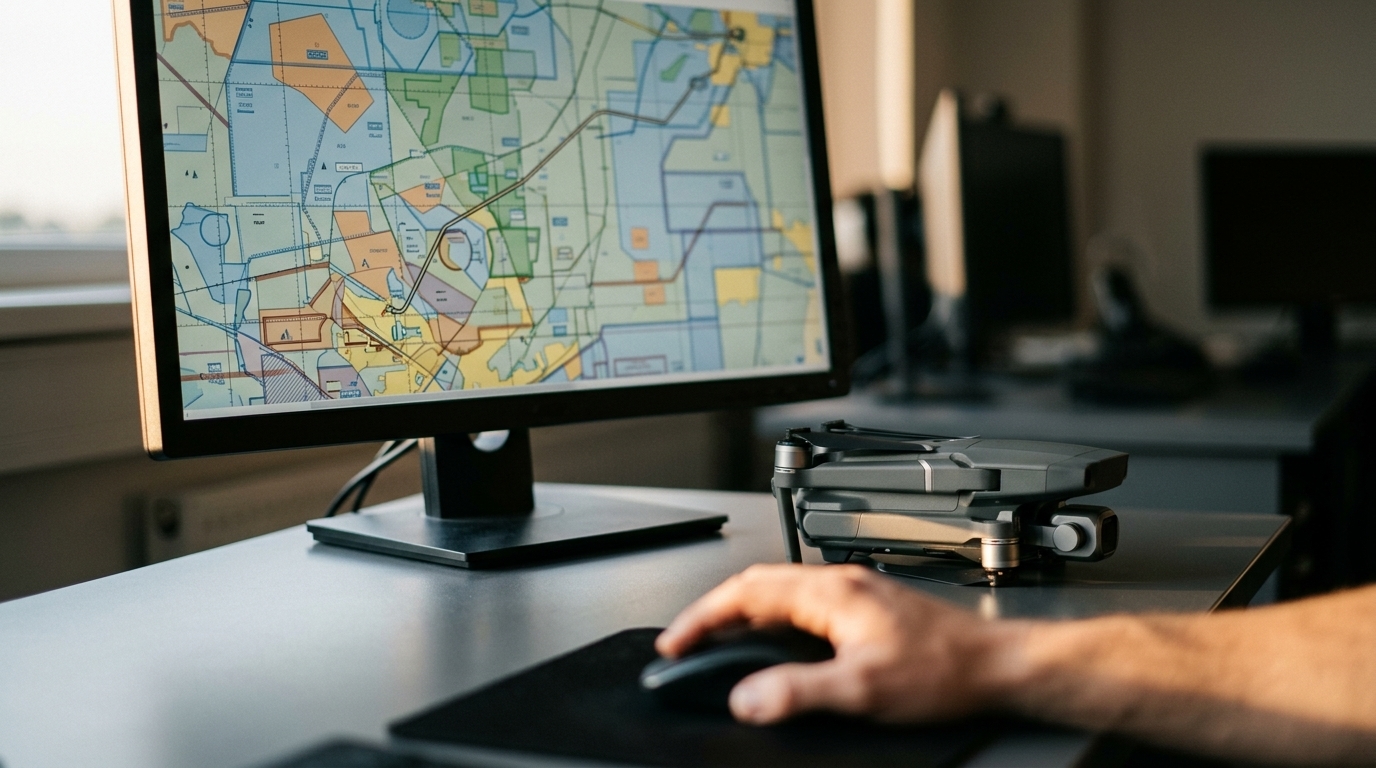 Poste de préparation de vol drone : carte aéronautique et trajectoire calculée, la sécurité drones outillée par l'IA