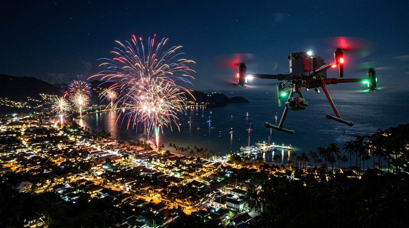 Drone de surveillance aérienne au-dessus d'une baie, feux d'artifice illégaux dans la nuit