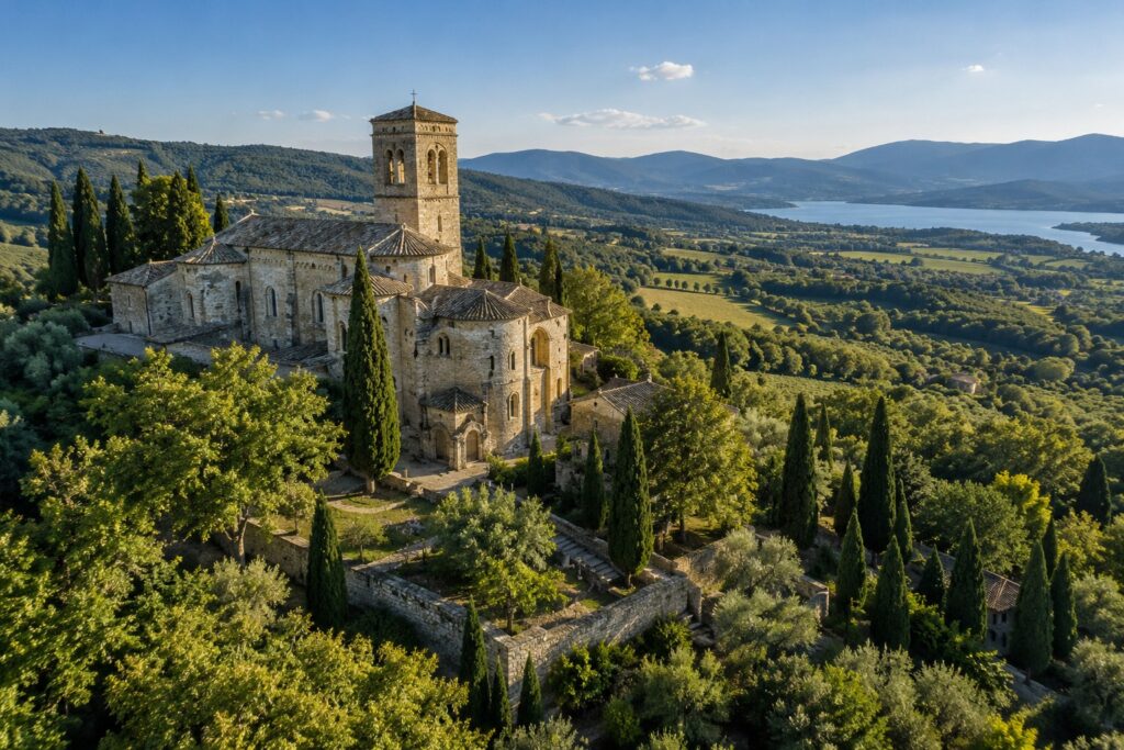 Prise de vue aérienne d'une église romane et de son clocher entourés de cyprès, avec un lac en arrière-plan