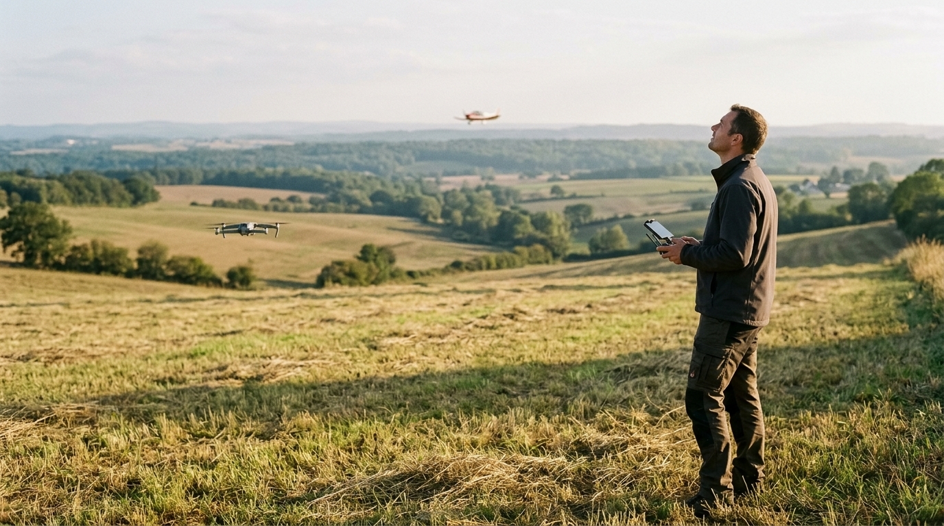 ADS-B drone : un télépilote surveille le ciel pendant qu’un avion léger passe au-dessus de la vallée (illustration)