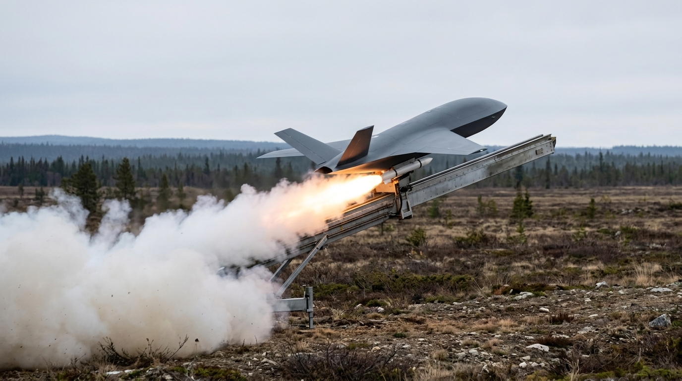 Drone de combat à réaction lancé depuis un rail avec un propulseur d’appoint, sur un terrain d’essais nordique