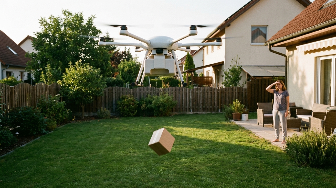 Drone de livraison en vol stationnaire au-dessus d'un jardin, comme ceux d'Amazon Prime Air qui larguent les colis à 4 m