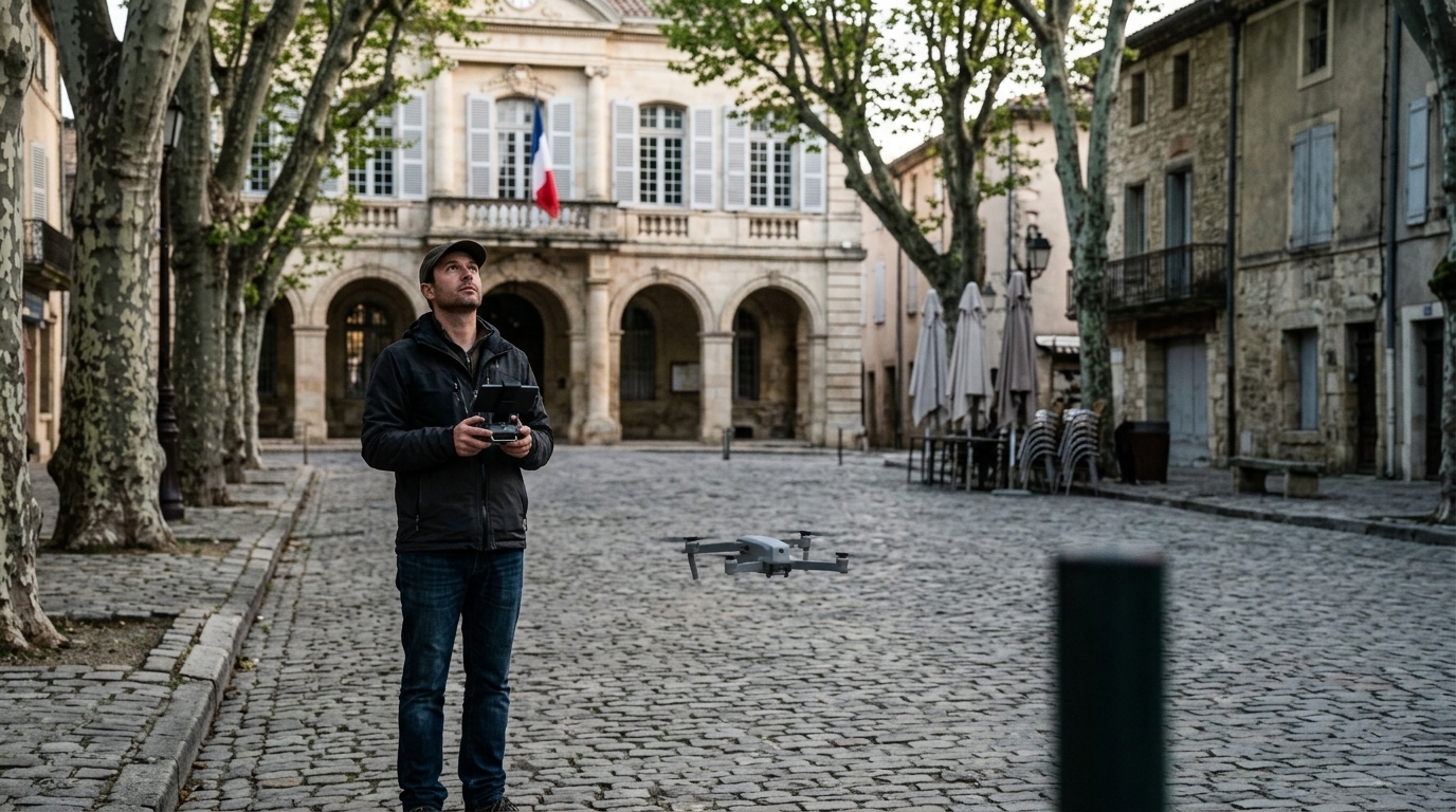 Télépilote sur une place de mairie, un cas typique d’arrêté municipal drone