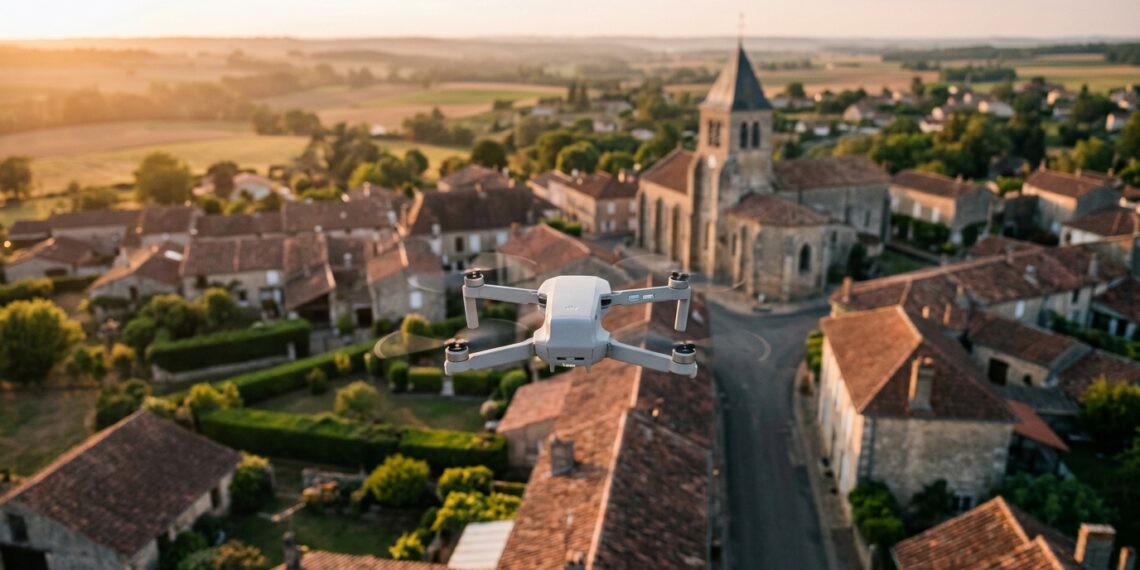 Village français au coucher du soleil survolé par un drone, illustration d’un arrêté municipal drone