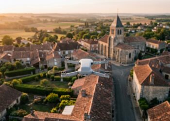 Village français au coucher du soleil survolé par un drone, illustration d’un arrêté municipal drone