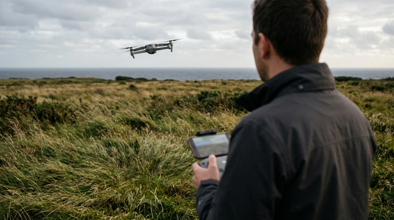 Télépilote face à un drone qui dérive au vent au-dessus d'une lande côtière, situation typique de brouillage GPS drone