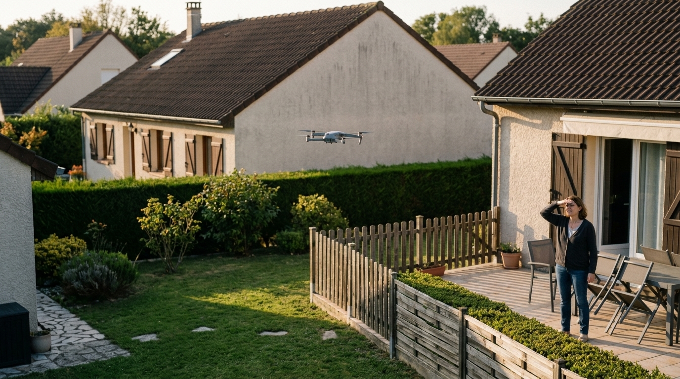 Drone en vol stationnaire au-dessus d’un jardin, sous le regard d’une voisine gênée par le bruit