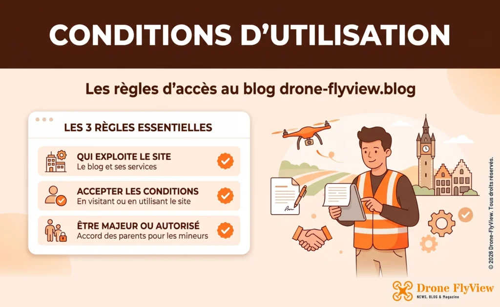Conditions d’utilisation de drone-flyview.blog : qui exploite le site, accepter les conditions, être majeur ou autorisé