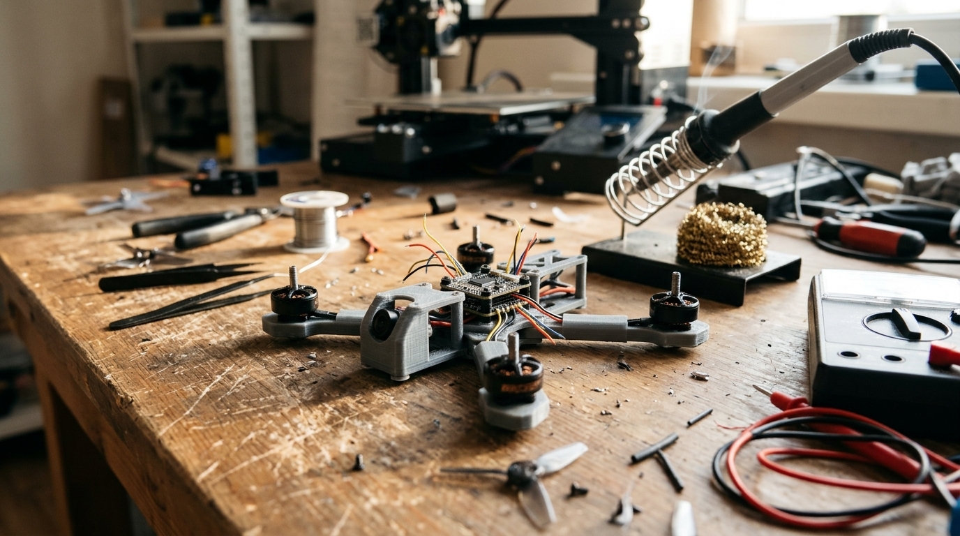 Construire son drone : châssis imprimé en 3D, moteurs et contrôleur de vol en cours de montage sur un établi (illustration)