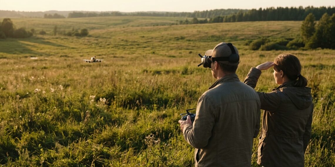 Télépilote en lunettes FPV et observatrice côte à côte dans une prairie, suivant un petit drone fait maison au soleil couchant