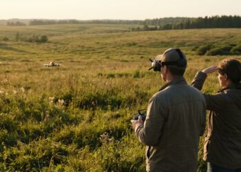Télépilote en lunettes FPV et observatrice côte à côte dans une prairie, suivant un petit drone fait maison au soleil couchant