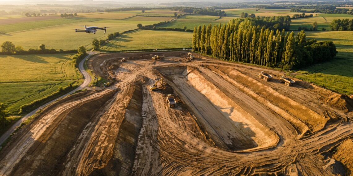 Drone survolant un chantier de terrassement, engins et talus en contrebas, avant un calcul de volume (illustration)