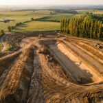 Drone survolant un chantier de terrassement, engins et talus en contrebas, avant un calcul de volume (illustration)