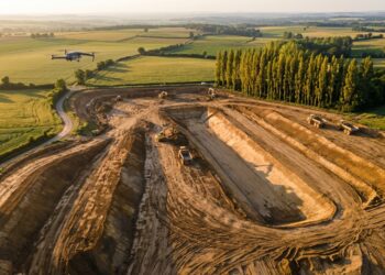 Drone survolant un chantier de terrassement, engins et talus en contrebas, avant un calcul de volume (illustration)