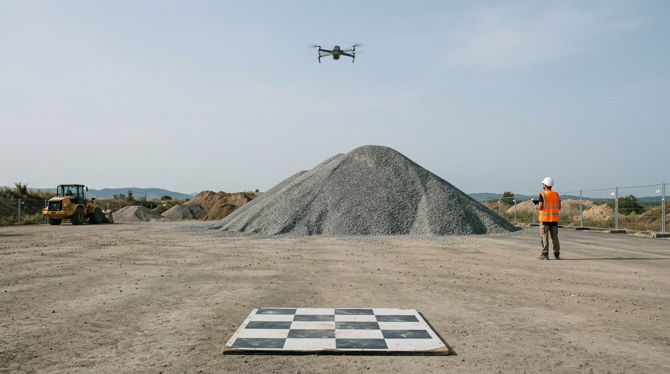 Cubature par drone : un drone quadrirotor survole un stock de gravier sur un chantier, une cible de point d’appui posée au sol au premier plan