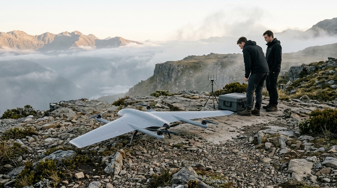 Drone VTOL à voilure fixe posé sur un plateau rocheux, deux opérateurs et une antenne au second plan