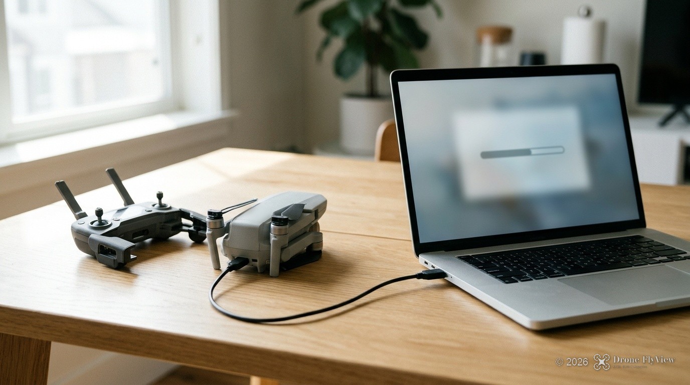 Drone de loisir relié par un câble USB-C à un ordinateur portable pour une mise à jour avec DJI Assistant 2