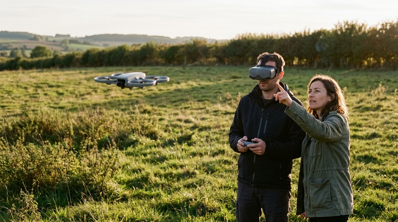 Télépilote équipé de lunettes d’immersion dans un champ, une observatrice debout à ses côtés montre du doigt un petit drone caréné en vol stationnaire
