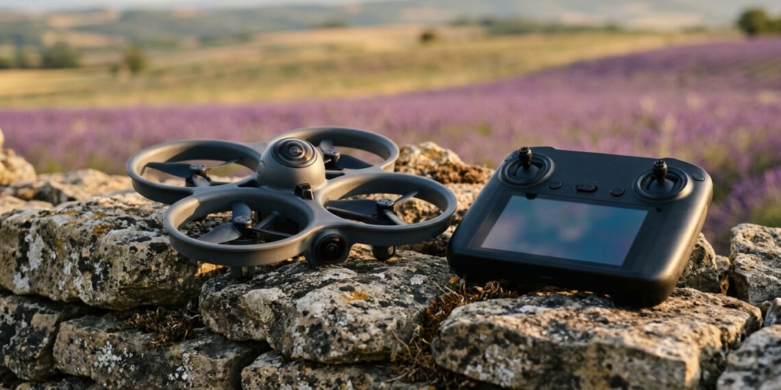Drone 360° caréné posé sur un muret de pierres sèches à côté d’une radiocommande à écran, champ de lavande flou au coucher du soleil