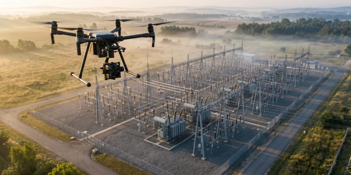 Drone professionnel avec caméra multicapteur survolant un poste électrique au lever du jour