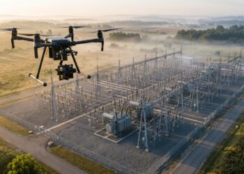 Drone professionnel avec caméra multicapteur survolant un poste électrique au lever du jour
