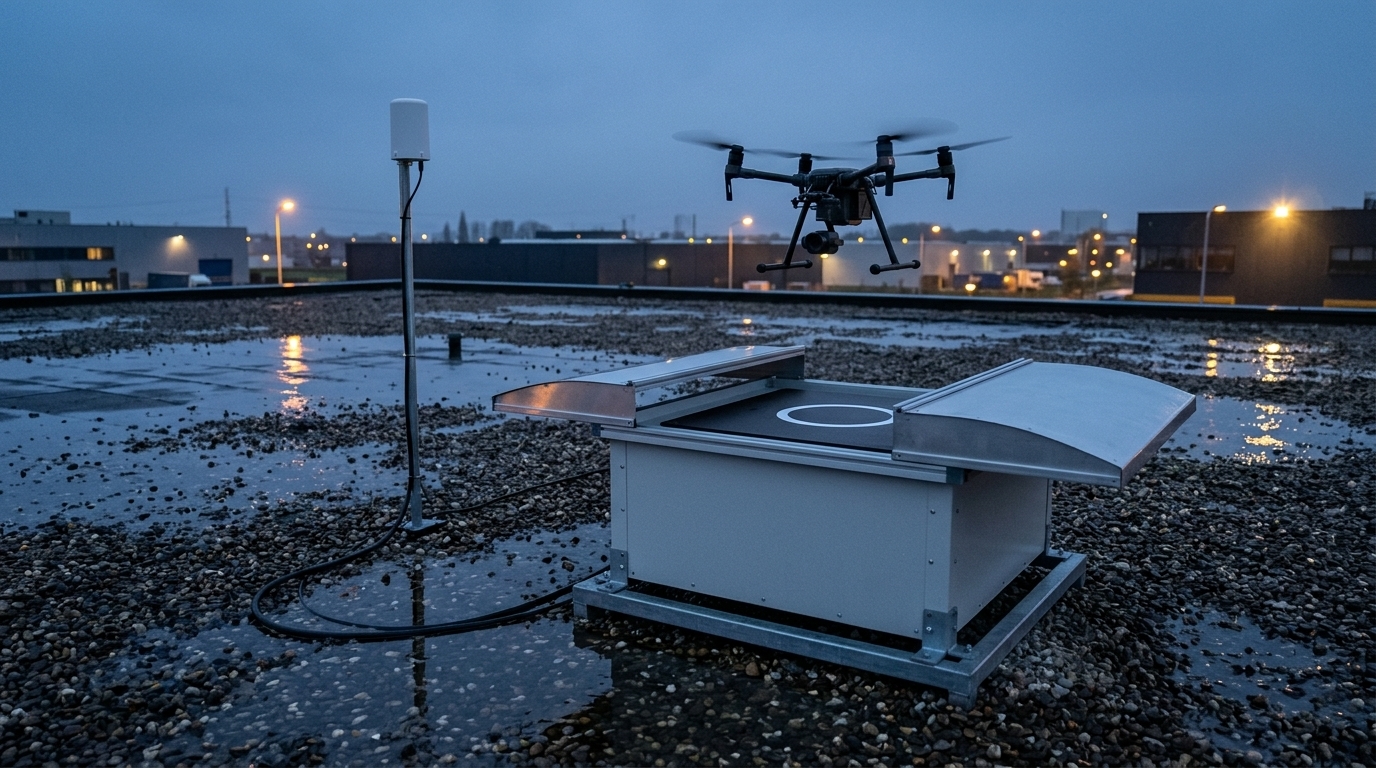 Station drone automatique sur le toit d’un bâtiment industriel, capot ouvert, drone professionnel en approche et antenne sur mât