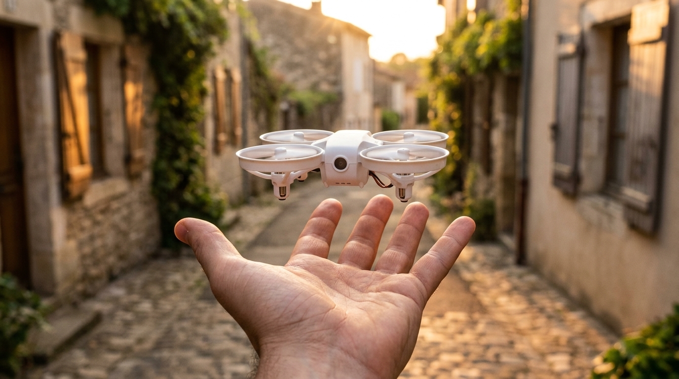 Petit drone de loisir à hélices carénées en vol stationnaire au-dessus d’une main, illustration du DJI Neo 3 attendu