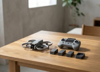 Petit drone caréné, télécommande à écran et trois batteries posés sur une table en bois