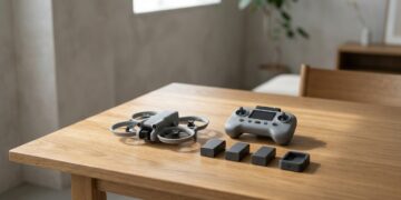Petit drone caréné, télécommande à écran et trois batteries posés sur une table en bois