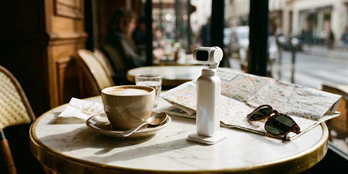 Caméra de poche à nacelle blanc perle posée sur une table de café, à côté d'un plan de ville (illustration)