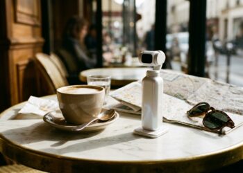 Caméra de poche à nacelle blanc perle posée sur une table de café, à côté d'un plan de ville (illustration)