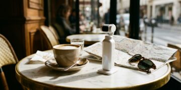 Caméra de poche à nacelle blanc perle posée sur une table de café, à côté d'un plan de ville (illustration)
