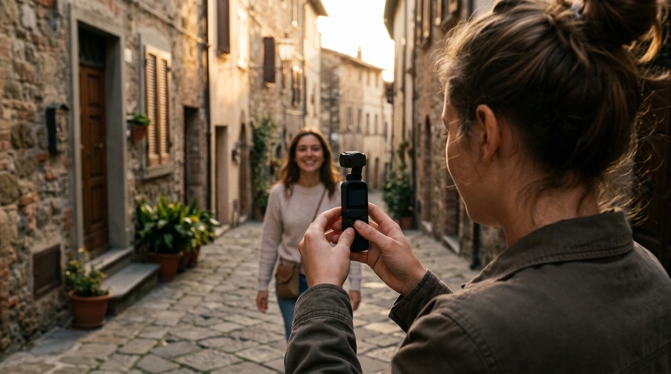 Vidéaste filmant une amie avec une petite caméra stabilisée de poche dans une rue ancienne au coucher du soleil (illustration)
