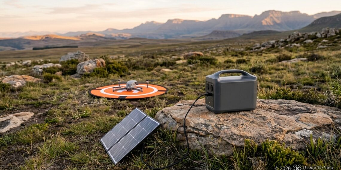 Station électrique portable reliée à un panneau solaire sur un plateau de montagne, drone posé sur une aire d’atterrissage