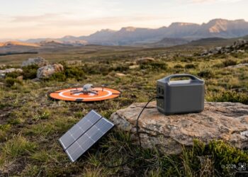 Station électrique portable reliée à un panneau solaire sur un plateau de montagne, drone posé sur une aire d’atterrissage