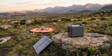 Station électrique portable reliée à un panneau solaire sur un plateau de montagne, drone posé sur une aire d’atterrissage