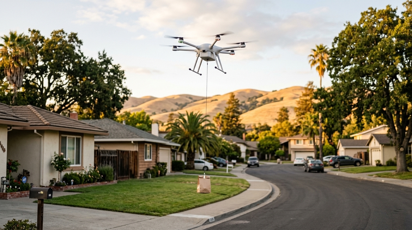 Drone de livraison qui descend un sac de repas au treuil au-dessus d'un quartier pavillonnaire californien