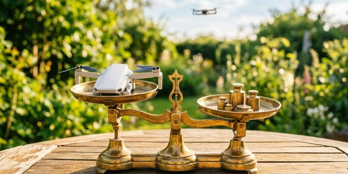 Drone 100 grammes posé sur une balance en laiton face à des poids, symbole du seuil de masse proposé par l’EASA