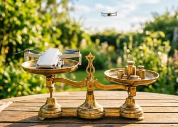 Drone 100 grammes posé sur une balance en laiton face à des poids, symbole du seuil de masse proposé par l’EASA