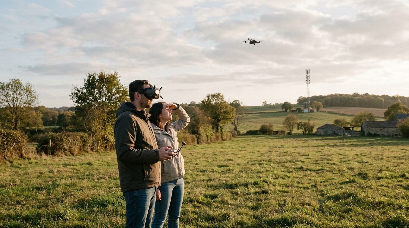 Pilote de drone 4G équipé de lunettes d’immersion dans un champ, une observatrice debout à ses côtés suit le drone des yeux, une antenne-relais au loin sur la colline