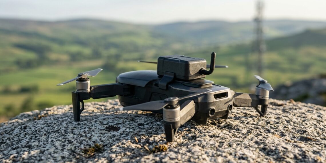 Drone de loisir équipé d'un module cellulaire 4G posé sur un rocher, antenne-relais au loin (illustration)