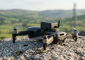 Drone de loisir équipé d'un module cellulaire 4G posé sur un rocher, antenne-relais au loin (illustration)