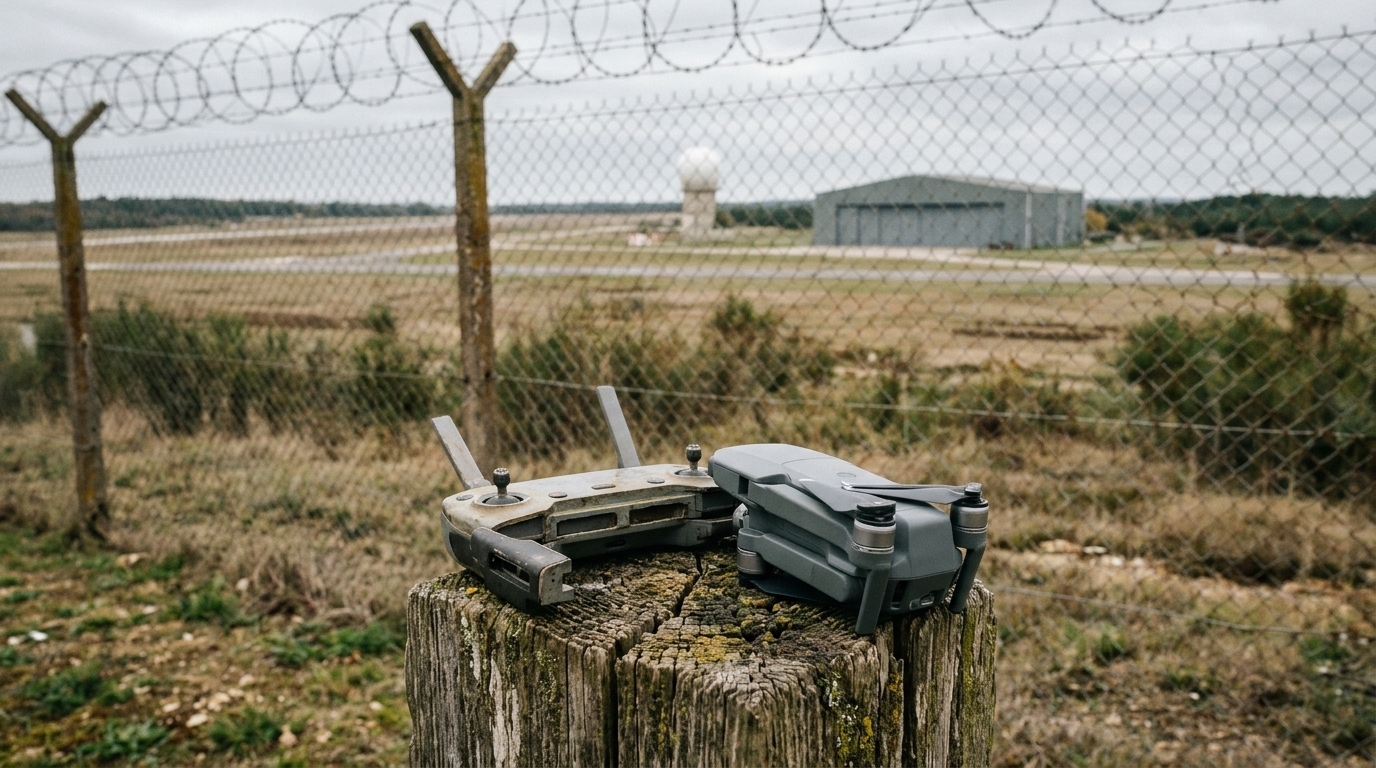 Drone de loisir et radiocommande posés sur un piquet devant la clôture d’une base militaire (illustration)