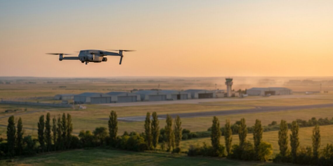 Drone en vol stationnaire au coucher du soleil, avec une base aérienne floue au loin