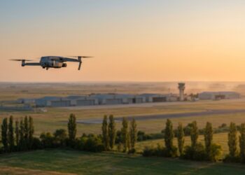 Drone en vol stationnaire au coucher du soleil, avec une base aérienne floue au loin