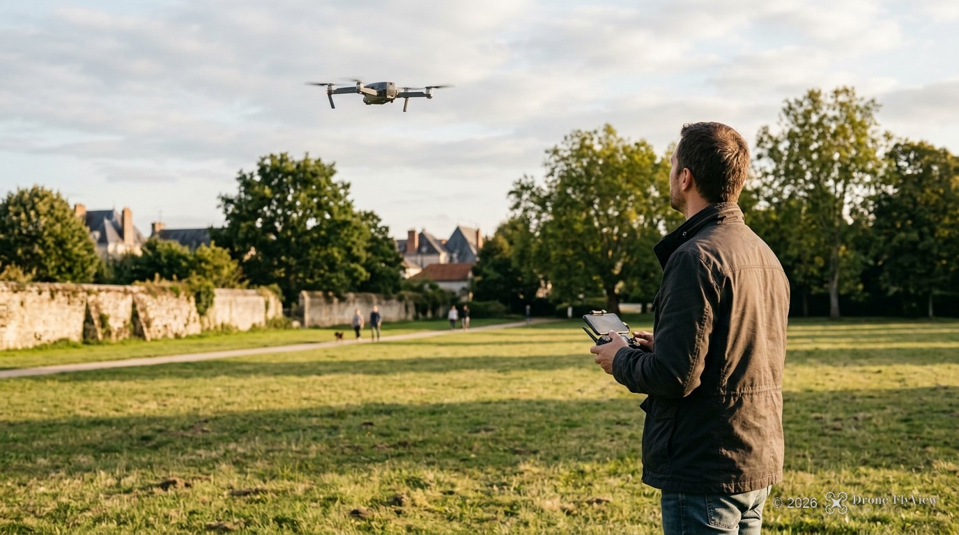 Télépilote faisant voler un drone de taille moyenne dans un parc, à bonne distance de promeneurs