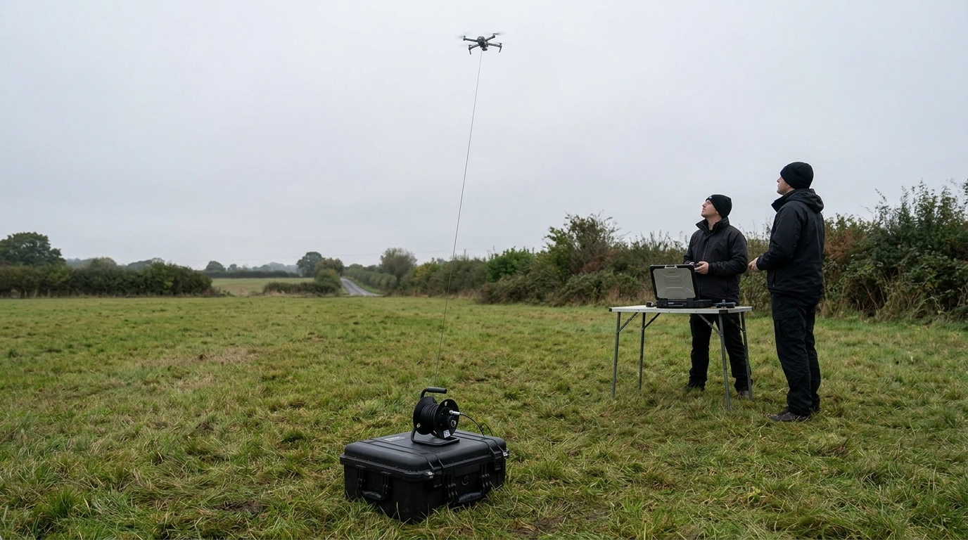 Drone captif en vol stationnaire au-dessus d’un champ, relié par un câble fin à une station posée dans l’herbe (illustration)