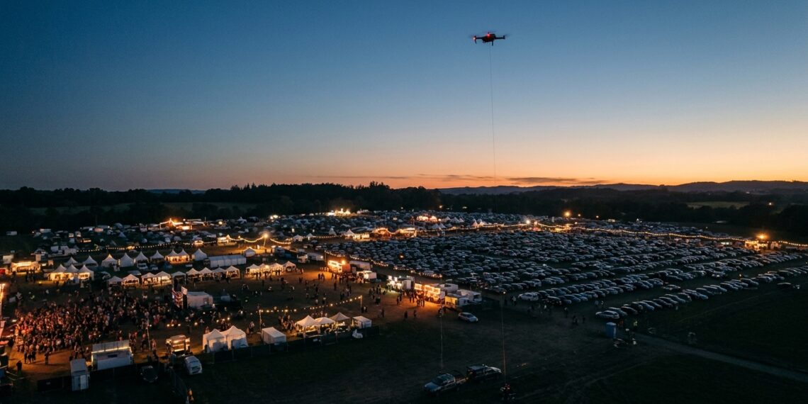 Drone relié au sol par un câble, en surveillance au-dessus d’un grand site événementiel au crépuscule