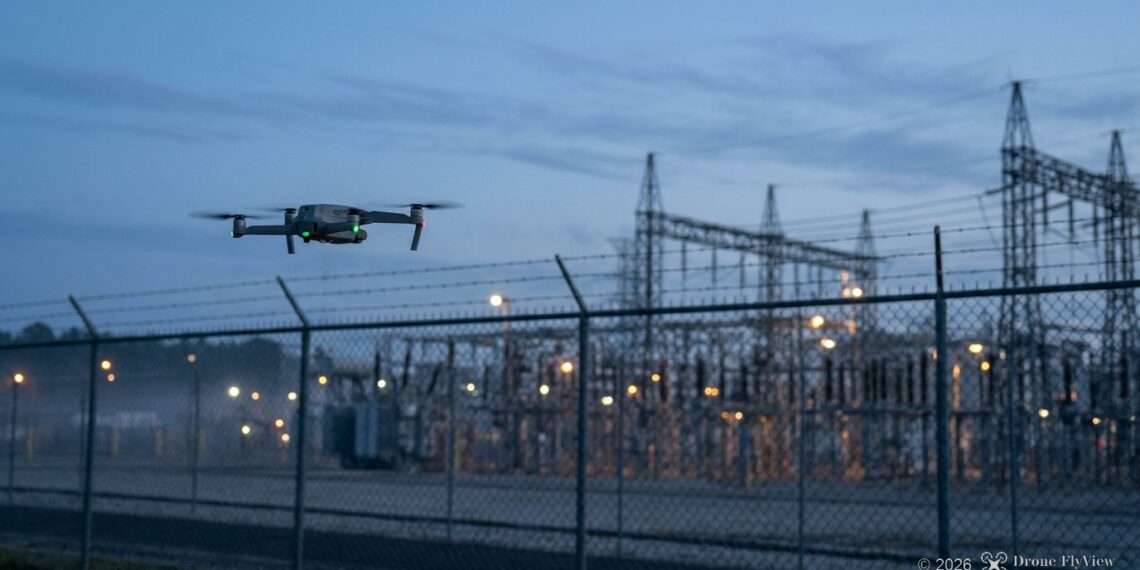 Petit drone en vol près de la clôture d’un site industriel sensible à la tombée de la nuit